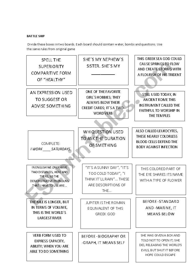 Battle ship worksheet