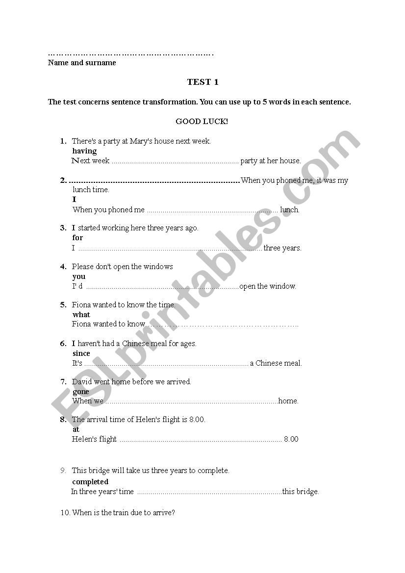 key word transformation worksheet