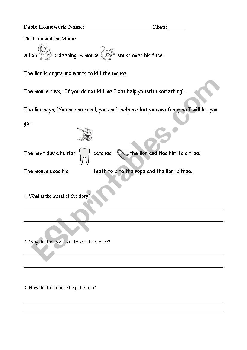 Fable Homework worksheet