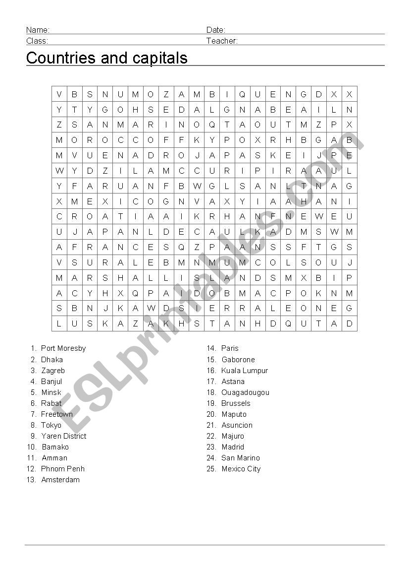 Countries and capitals worksheet