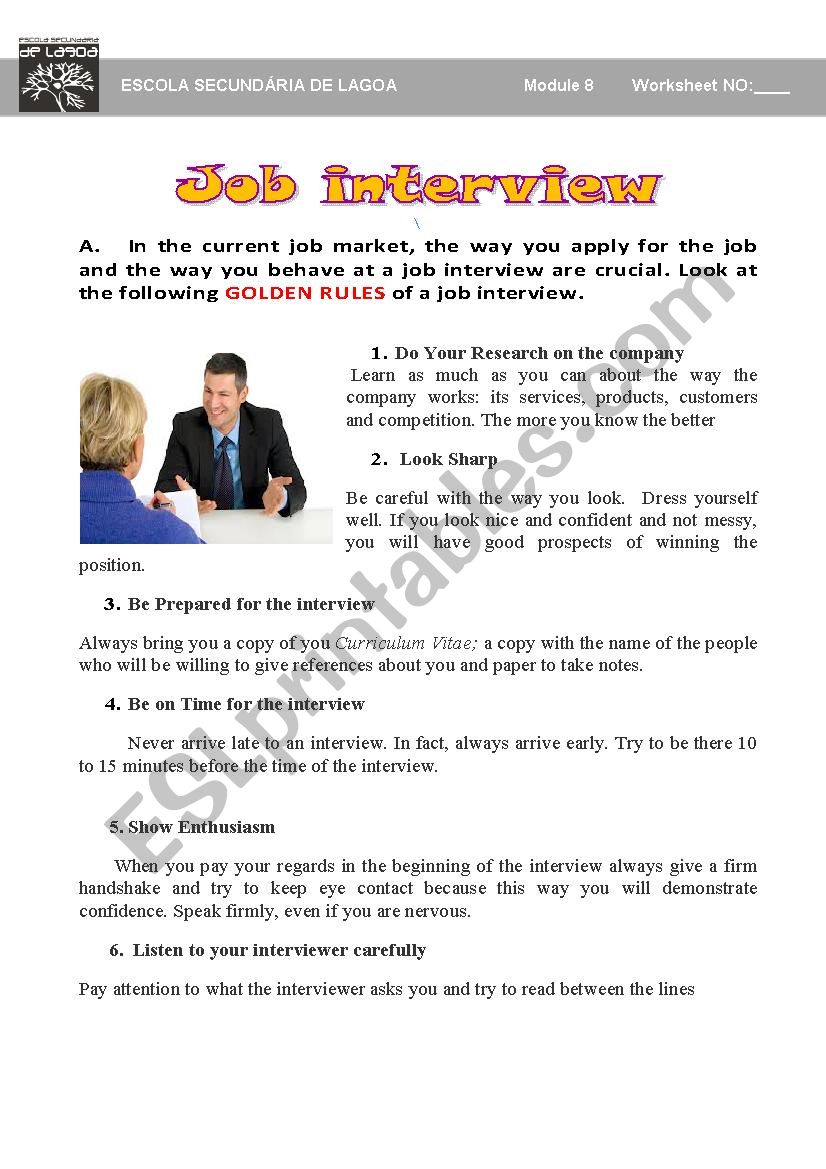 Rules for a job interview worksheet