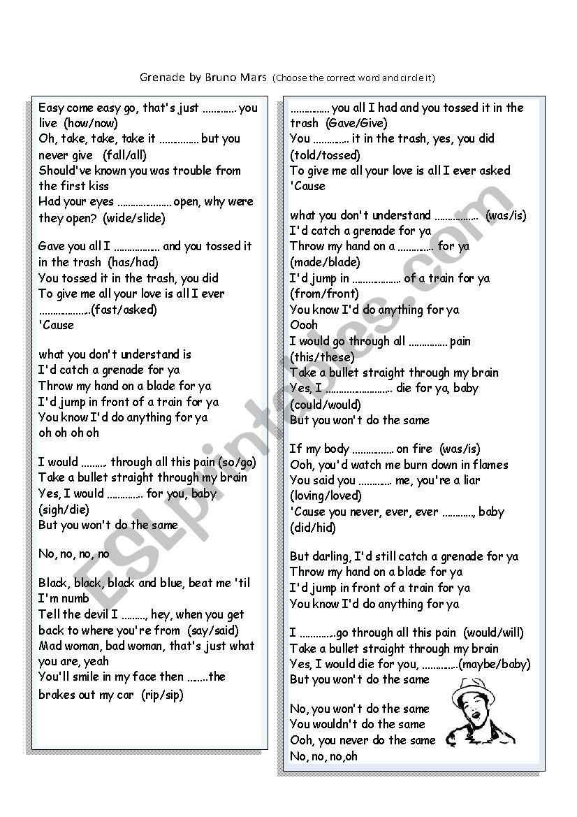 Grenade song by Bruno Mars worksheet