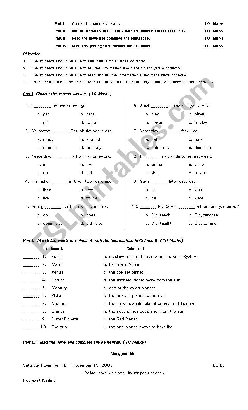Test for 6 graders worksheet