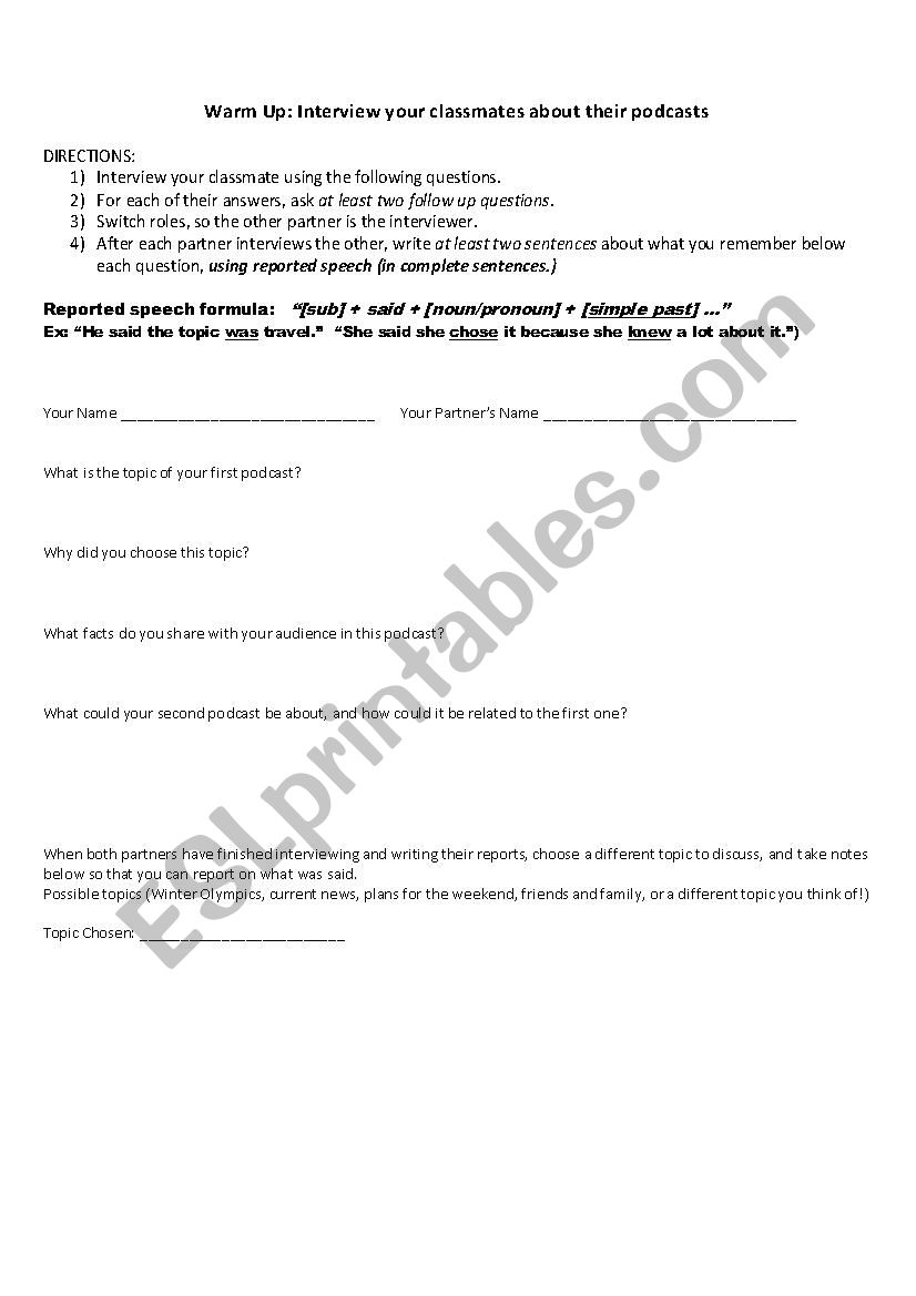 Podcast Interview Worksheet worksheet