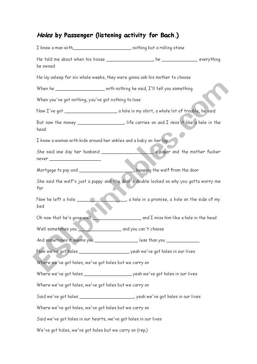 Holes by Passenger worksheet