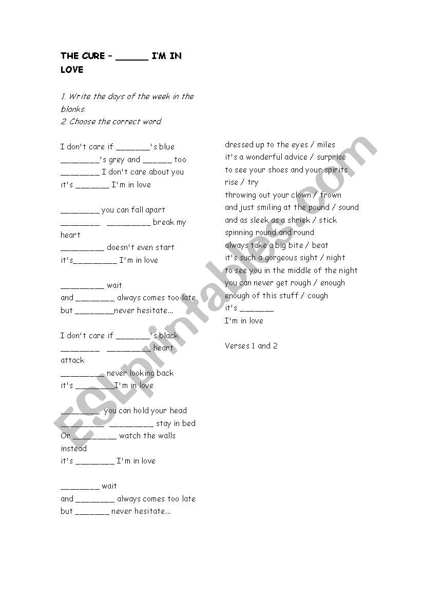 The Cure - Friday Im in love worksheet