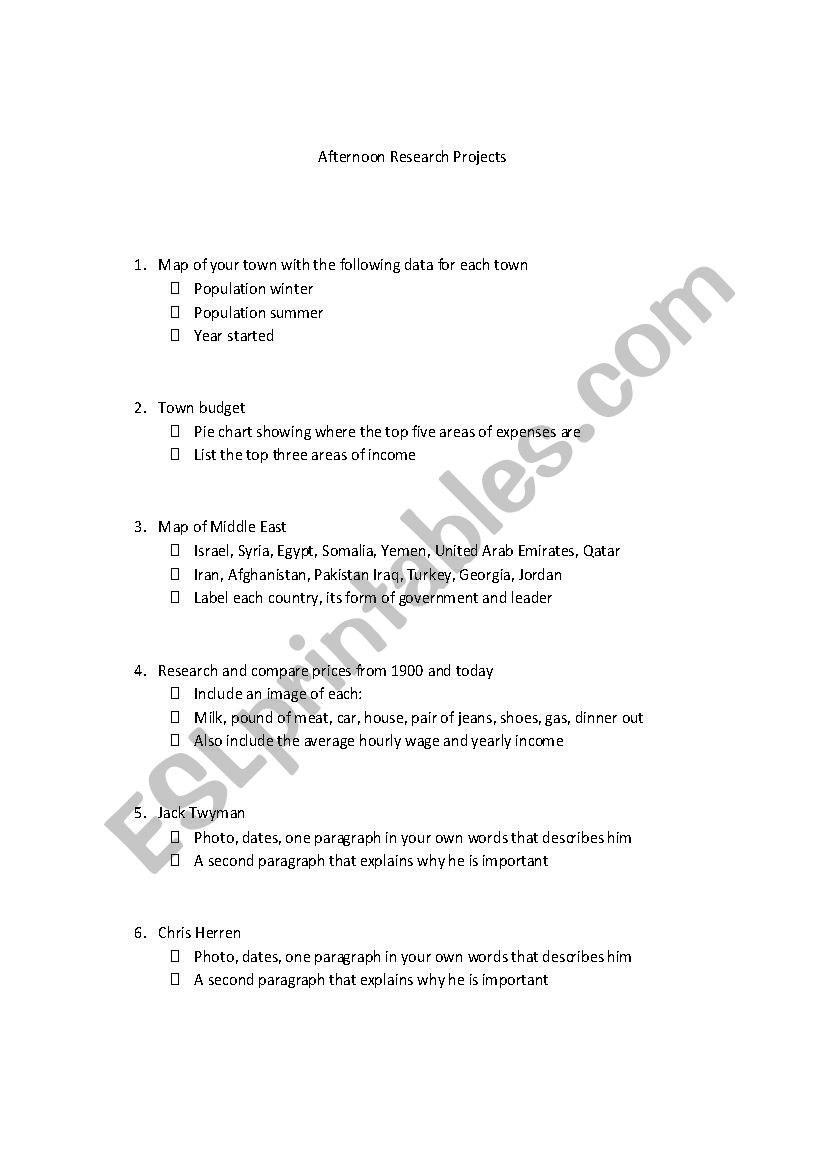 Research Projects worksheet
