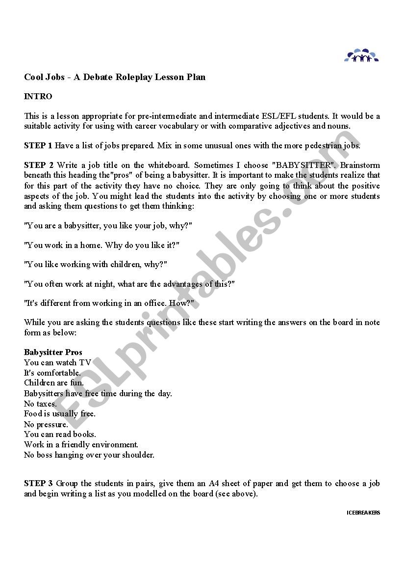 Cool Jobs worksheet