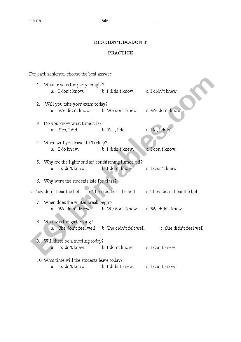 Did/Didnt/Do/Dont Practice worksheet