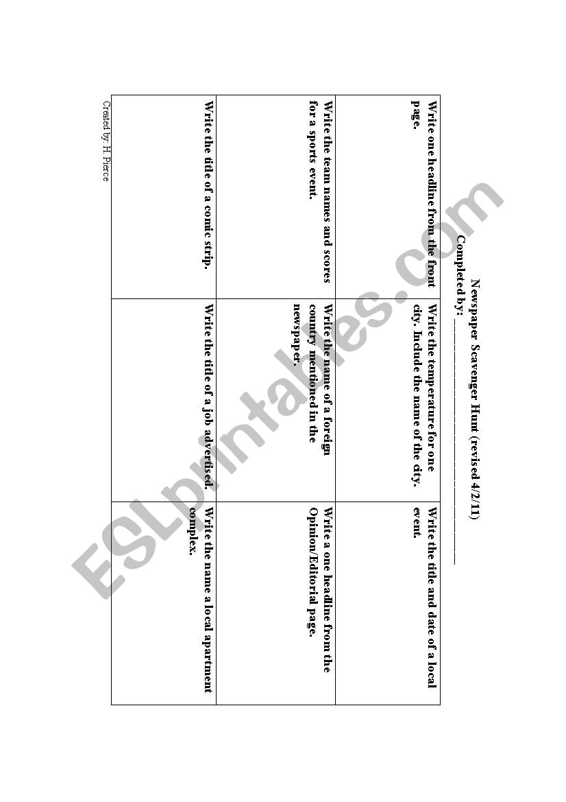 Newspaper Scavenger Hunt worksheet