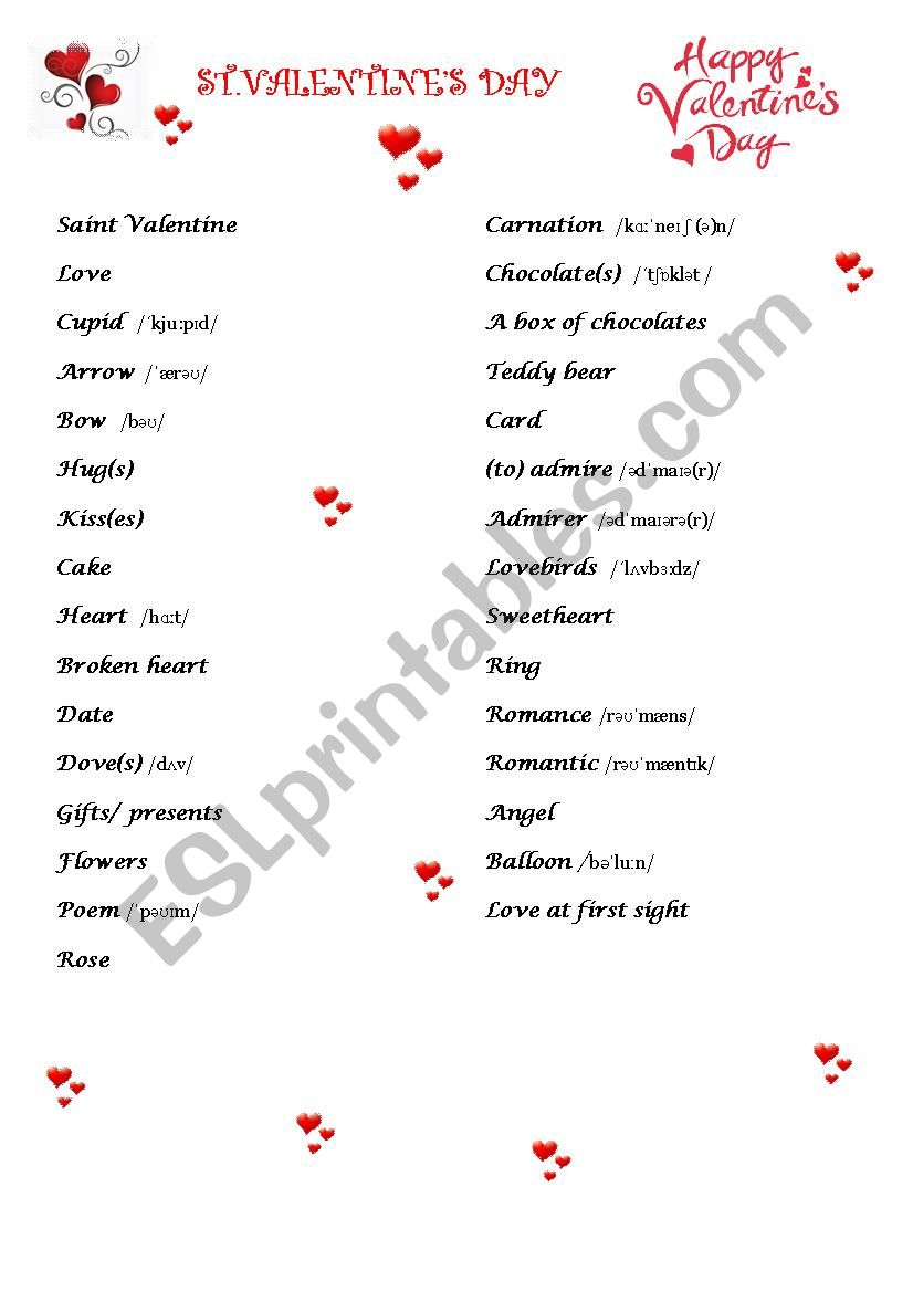 Saint ValentineÂ´s Day worksheet