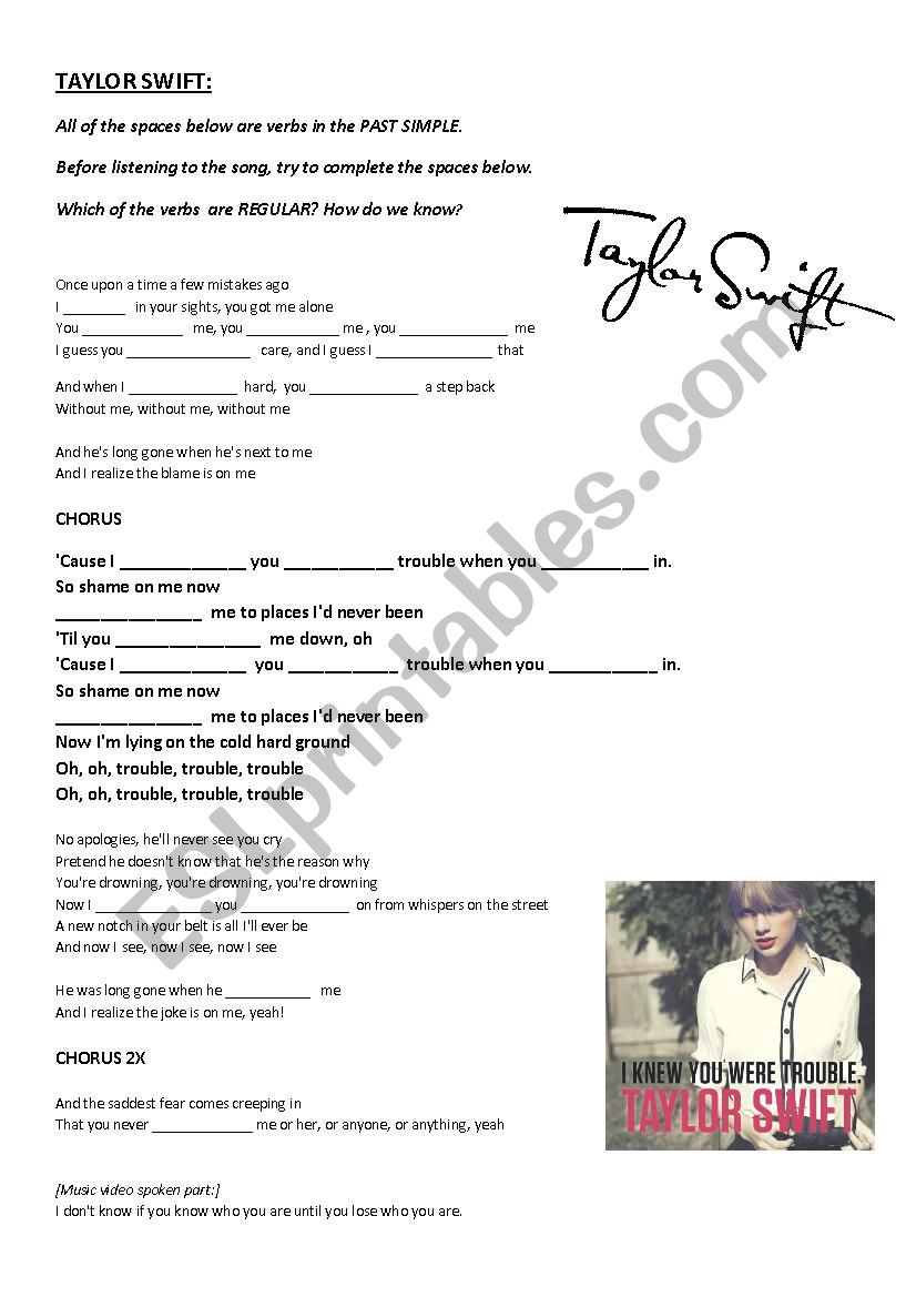 Song Worksheet: I Knew You Were Trouble (Simple Past)