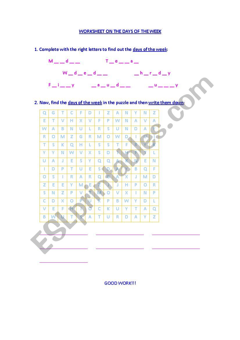 Days of the week worksheet