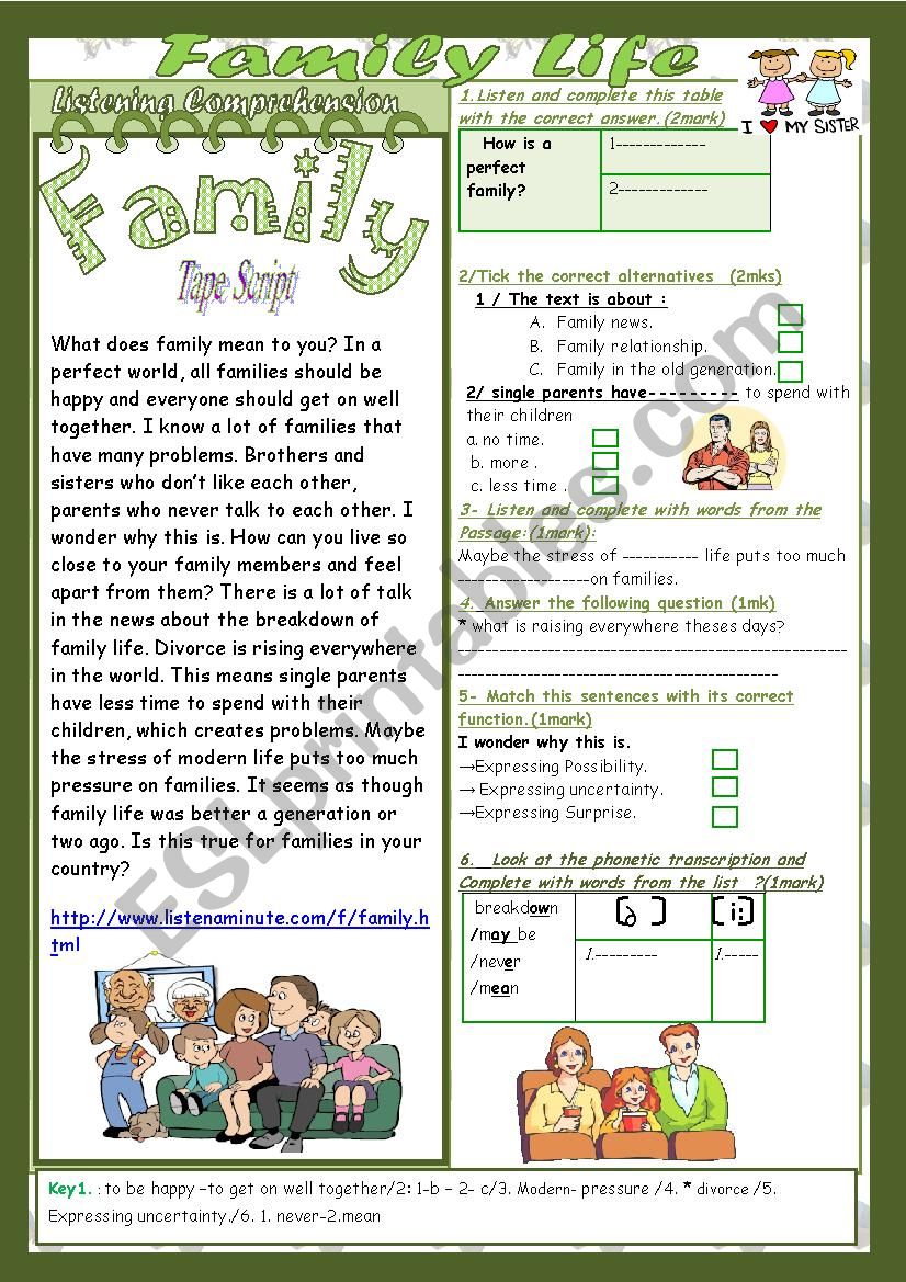 Family Life(Mid Term1Test 9th form):2parts:Listening+Link+language+Key