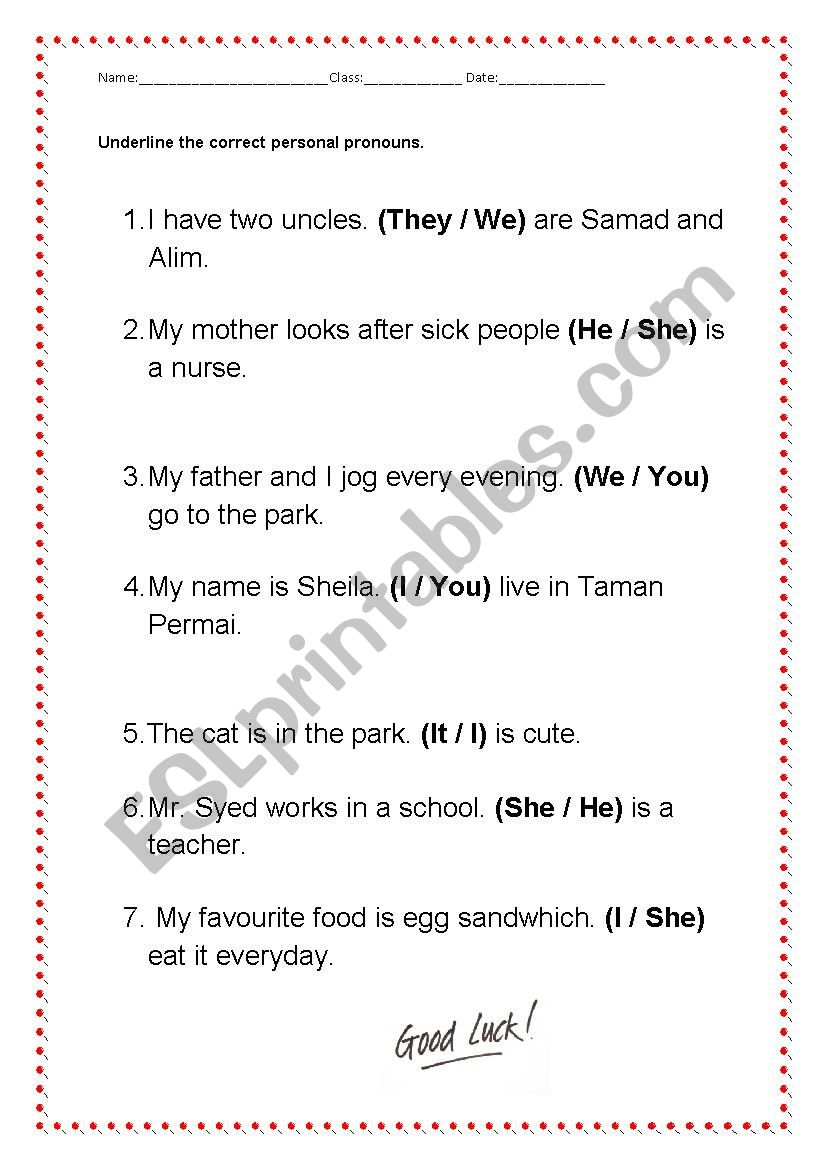 Personal pronouns worksheet