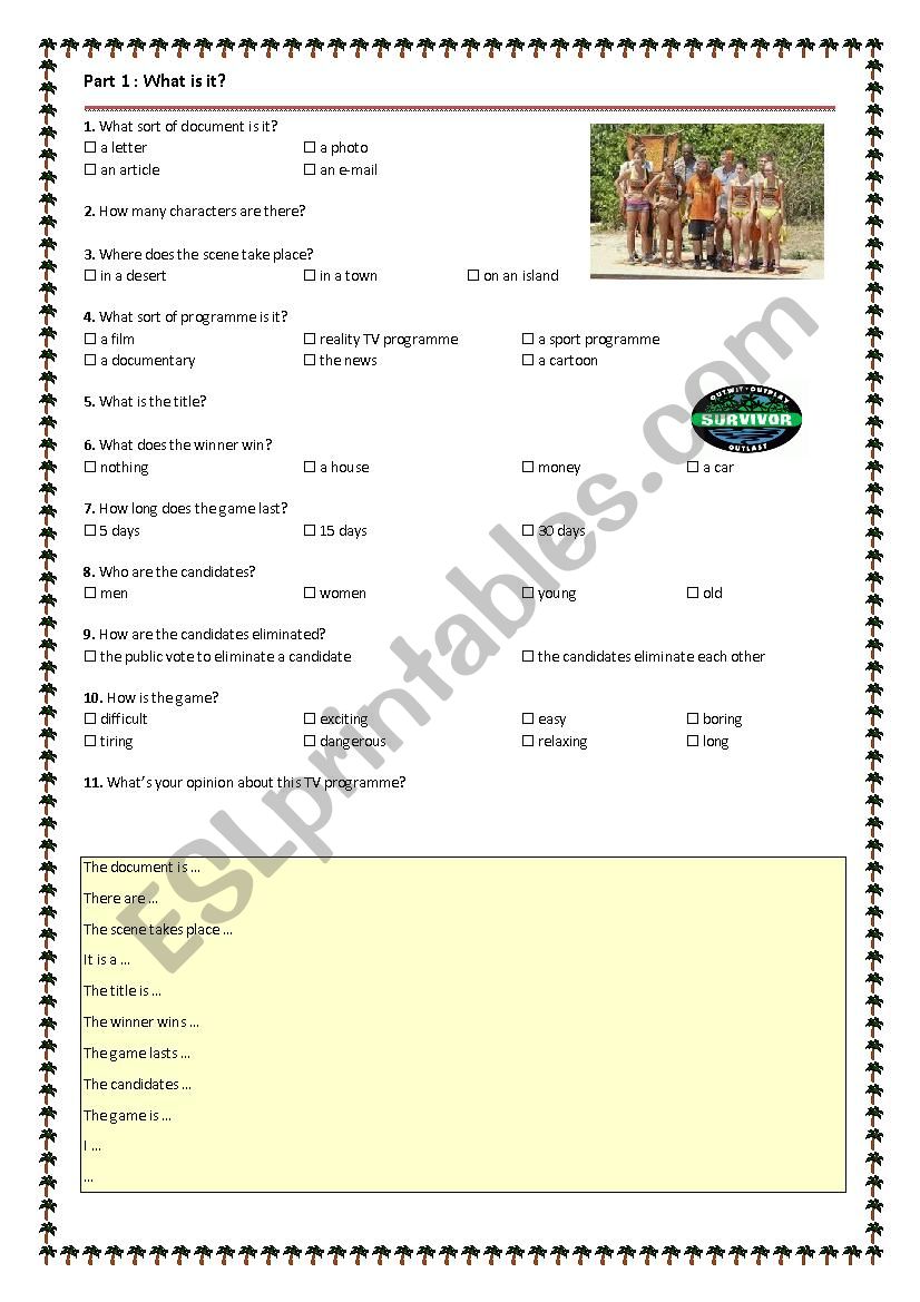 Survivor worksheet