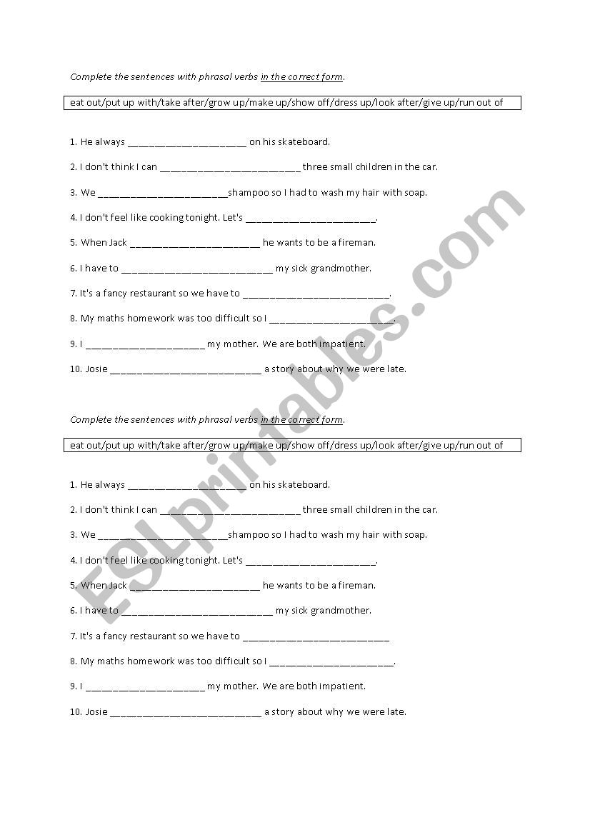 Phrasal verbs test worksheet