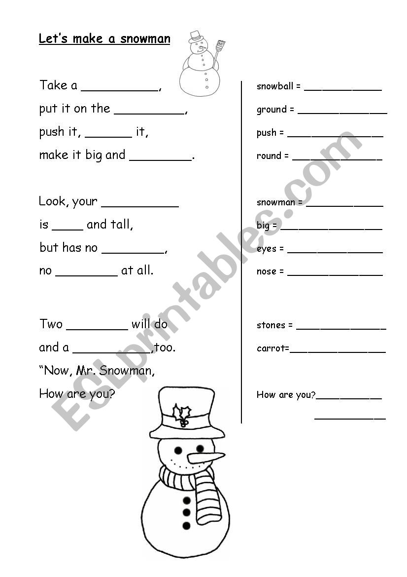 Rhyme LetÂ´s make a snowman worksheet
