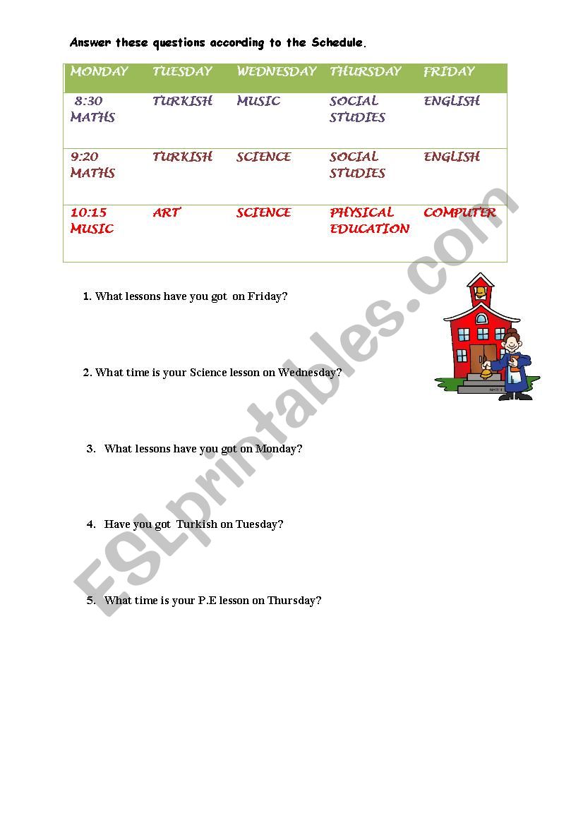 schedule and lessons worksheet