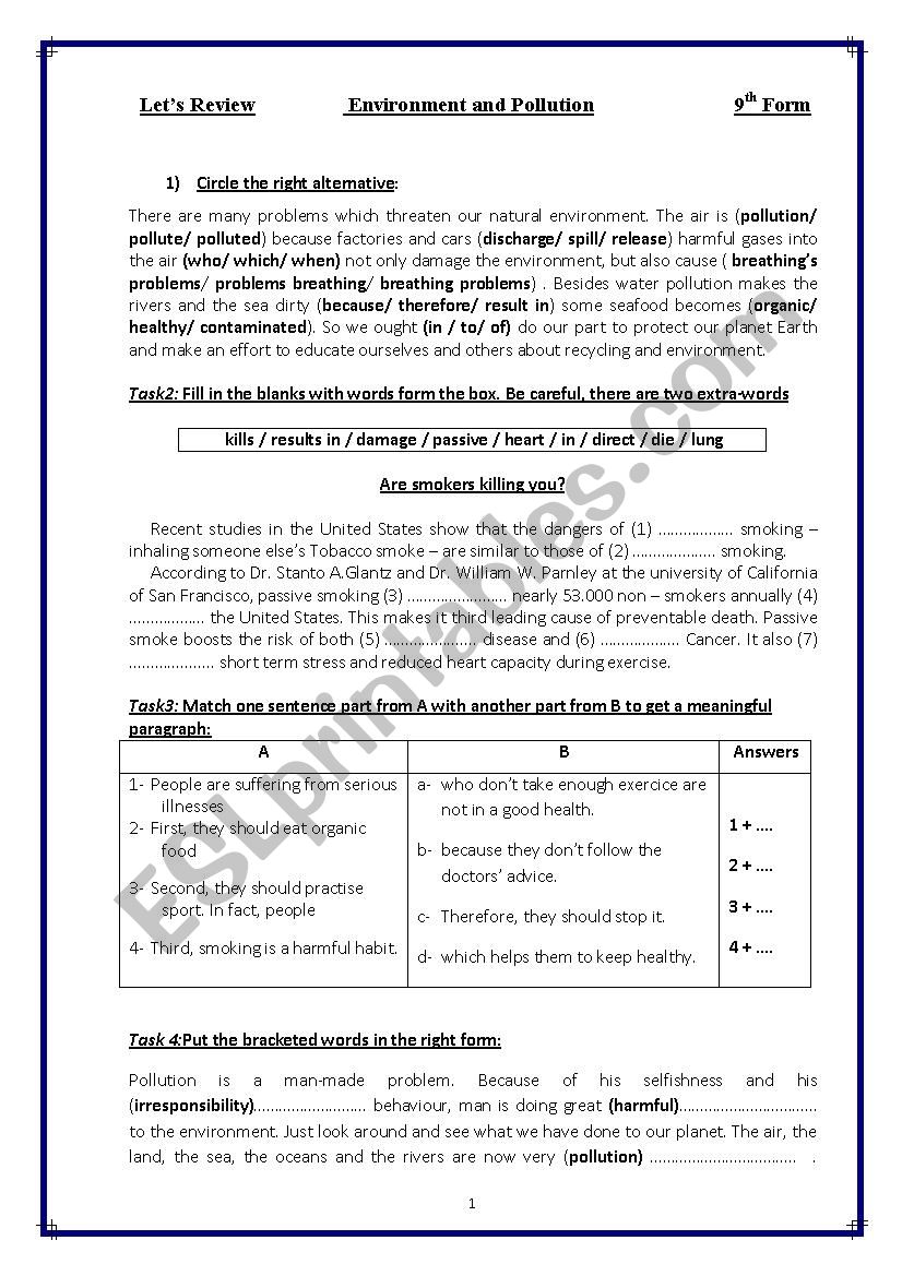 revision for 9th form tunisian pupils (environment and pollution)