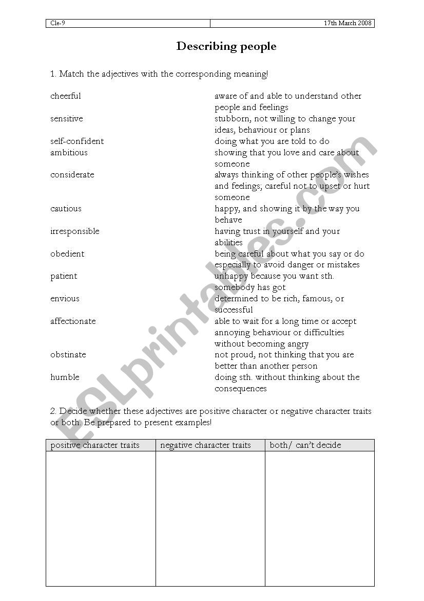 Describing people  worksheet