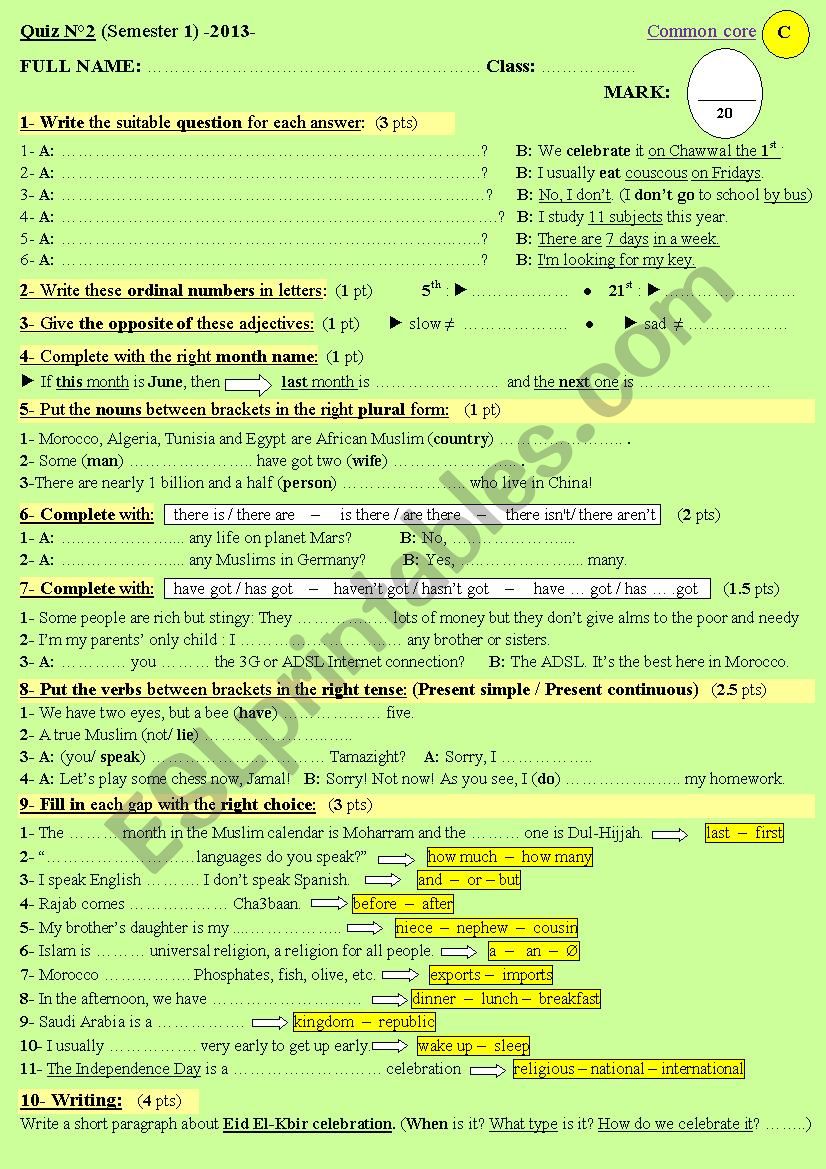  A superfine test or Quiz for elementary students - Version 