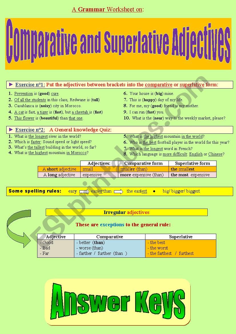 comparatives and superlatives, the easy way: Both theory and practice (with key)!  - (superiority aspect) 