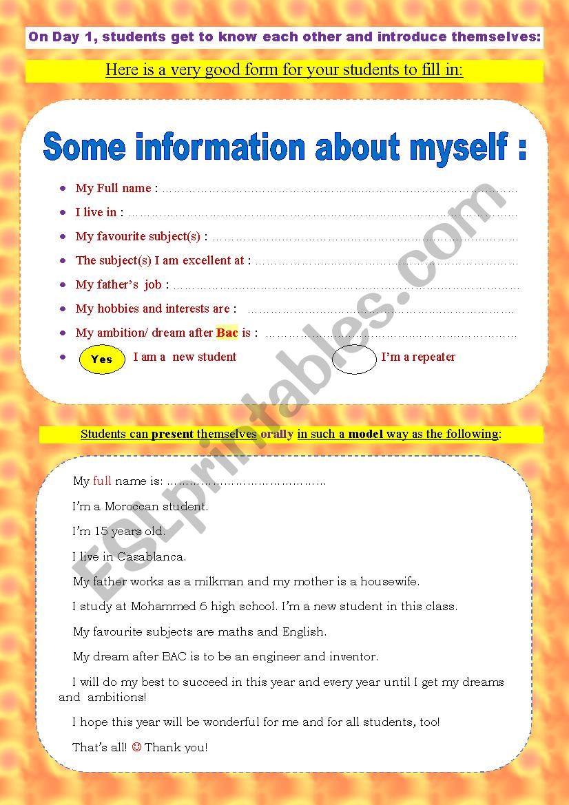 Students information sheet/ form _ A very useful speaking and ice-breaking activity for day 1 