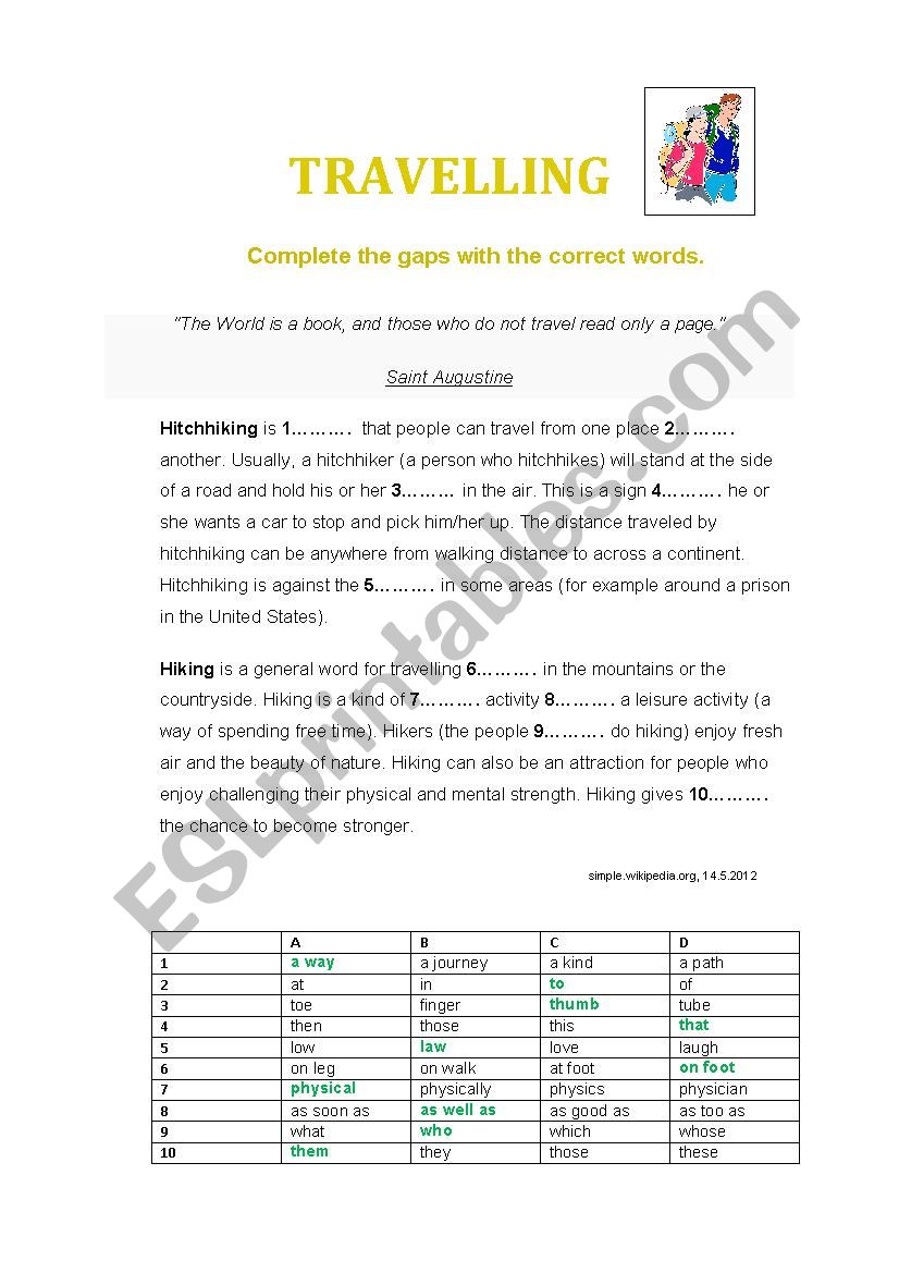 Travelling worksheet