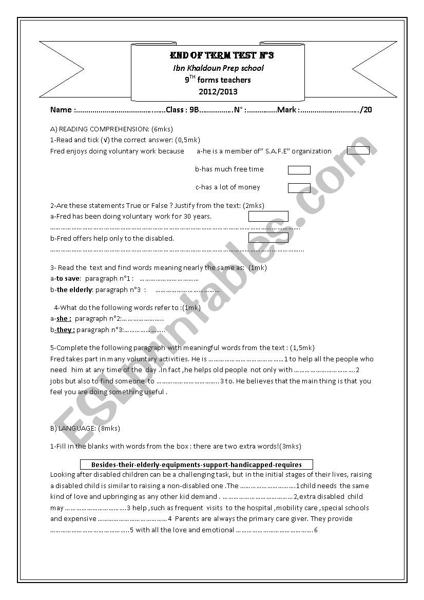 End of term test N3 9TH FORM worksheet