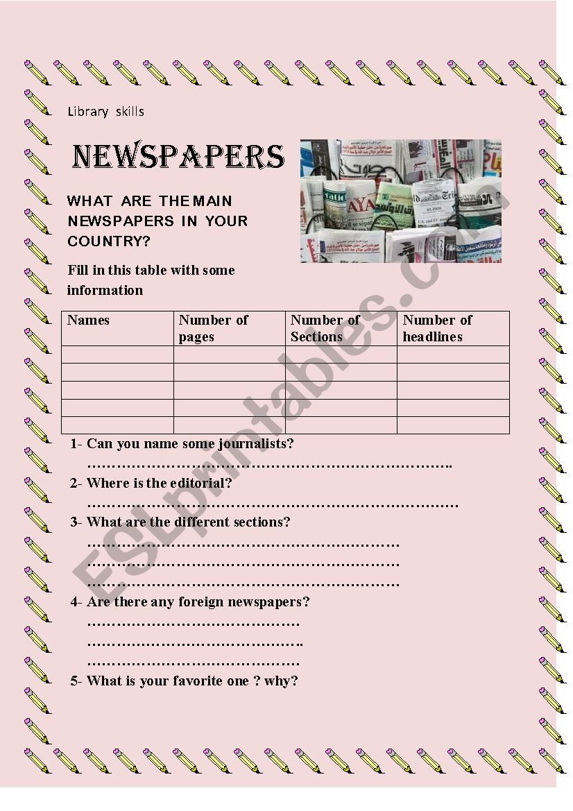 newspapers worksheet