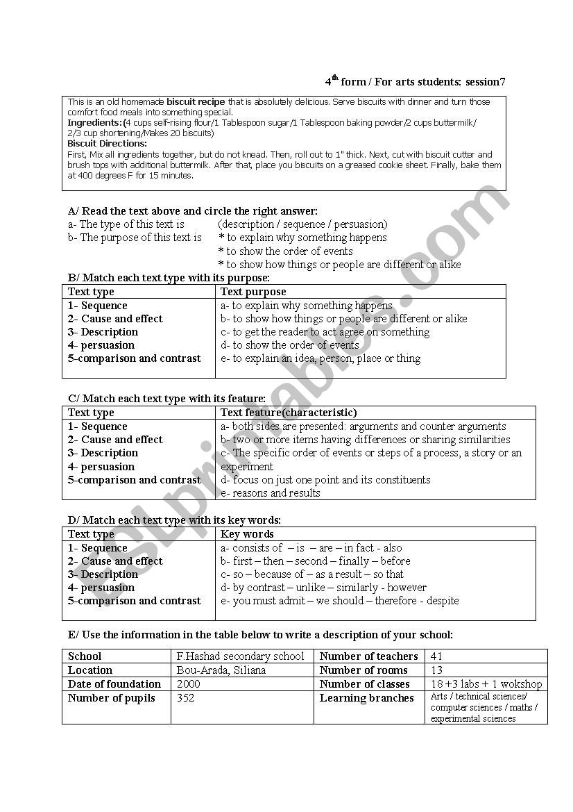 This is a woksheet about text types, features and purposes.(4th form arts) 