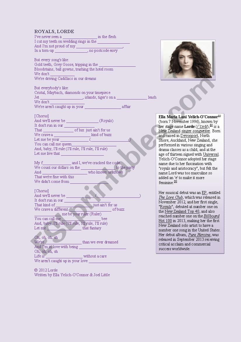 Royals, by Lorde worksheet
