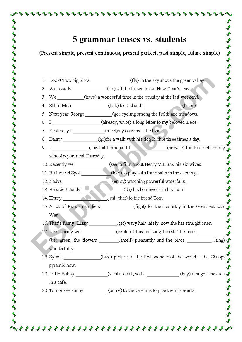 5 tenses vs. students worksheet