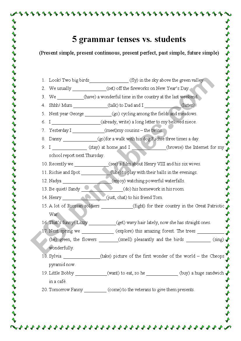 5 tenses vs. students worksheet