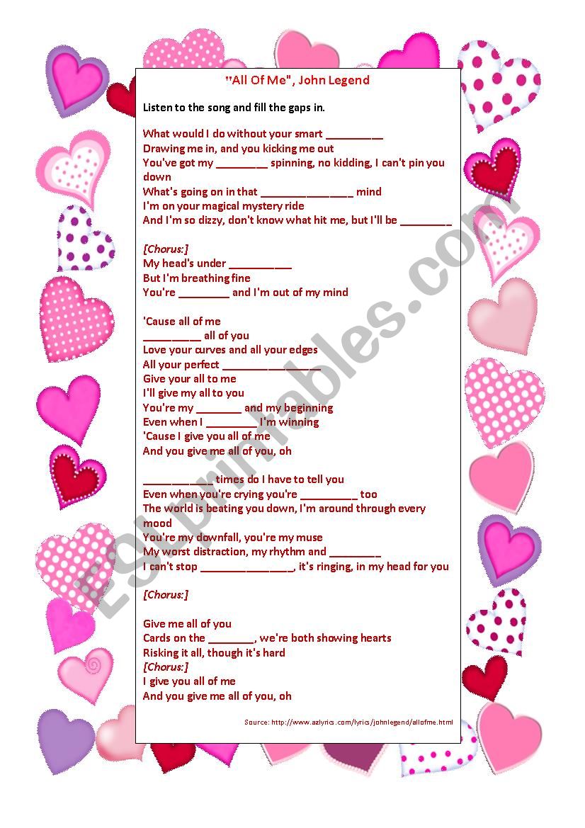 Song All of me - John Legend worksheet