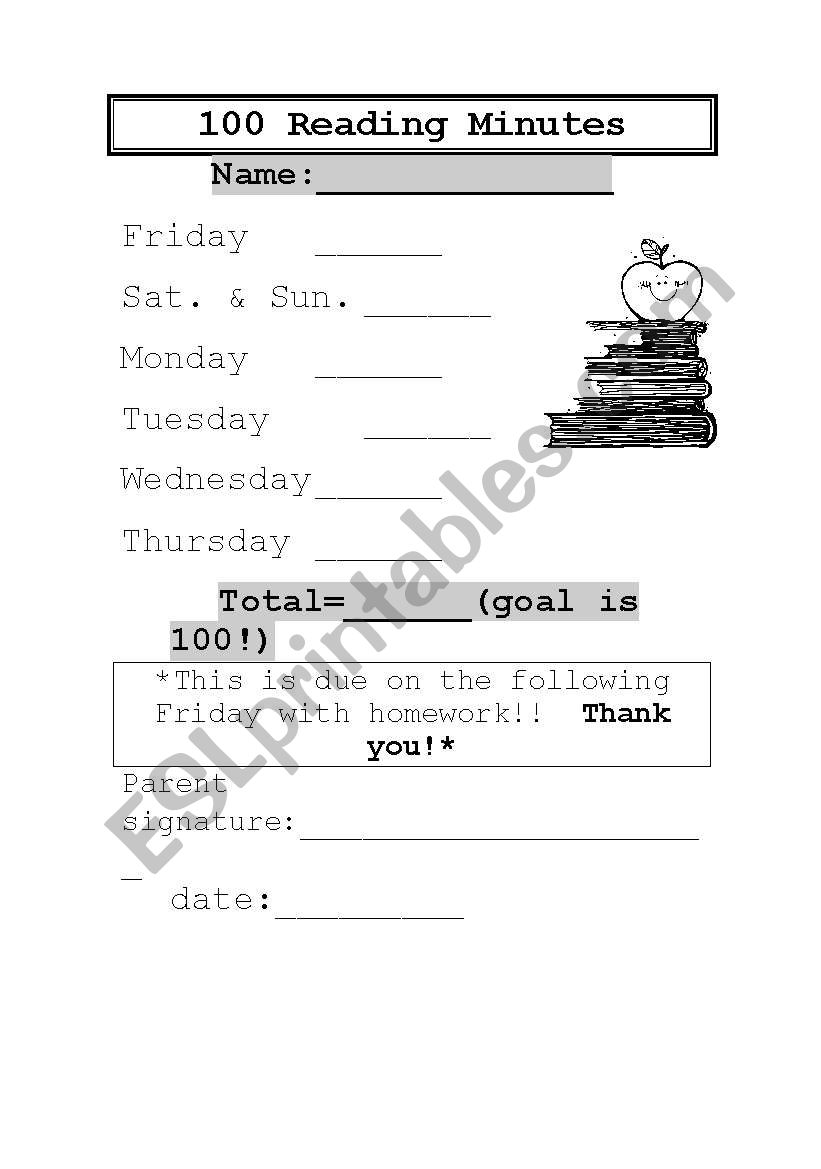 100 Reading Minutes weekly log