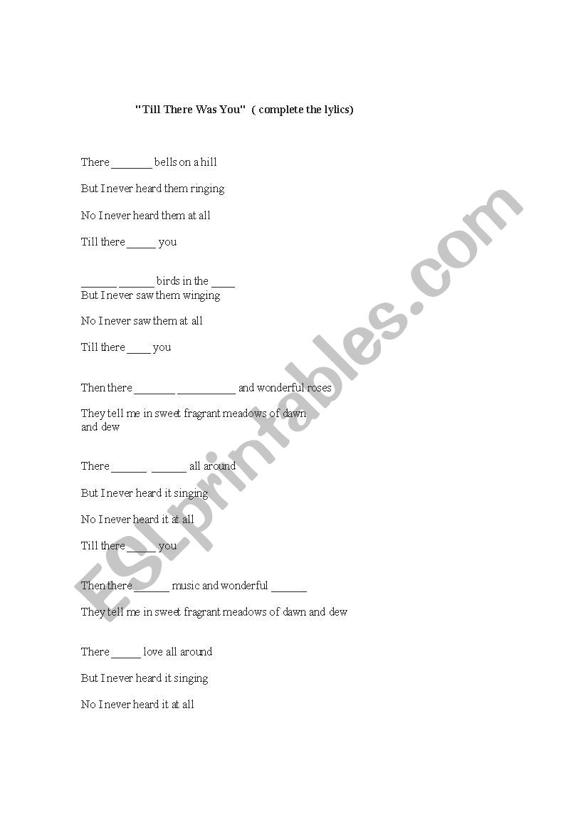 TILL THERE WAS YOU (SONG) worksheet