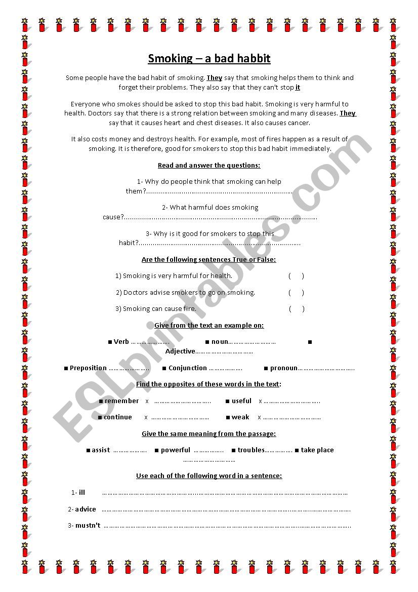  the bad habbit of smoking worksheet