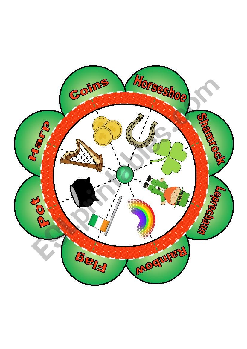 St. Patricks Day Noun Flower Puzzle with 8 Images and Words