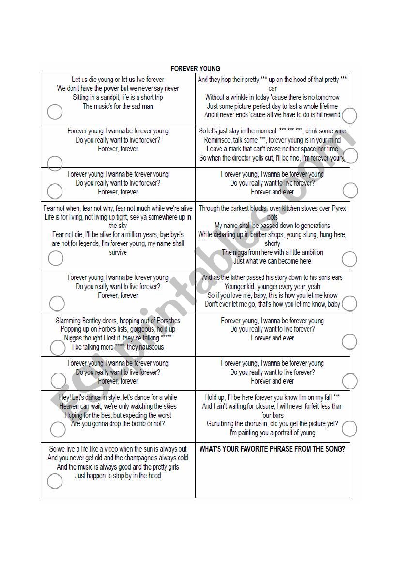 Song Forever Young Jay-z worksheet