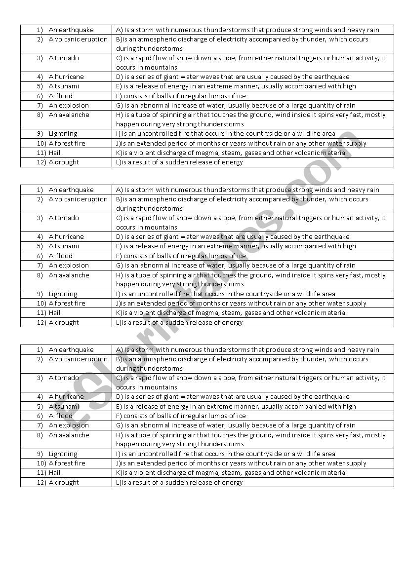 NATURAL DISASTERS matching exercise