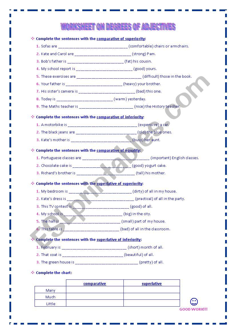 Degrees of adjectives worksheet