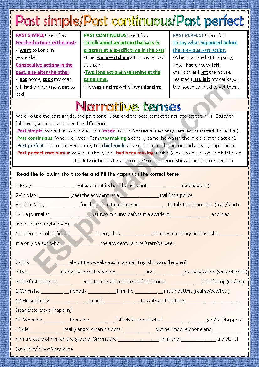 NARRATIVE TENSES no past perfect continuous