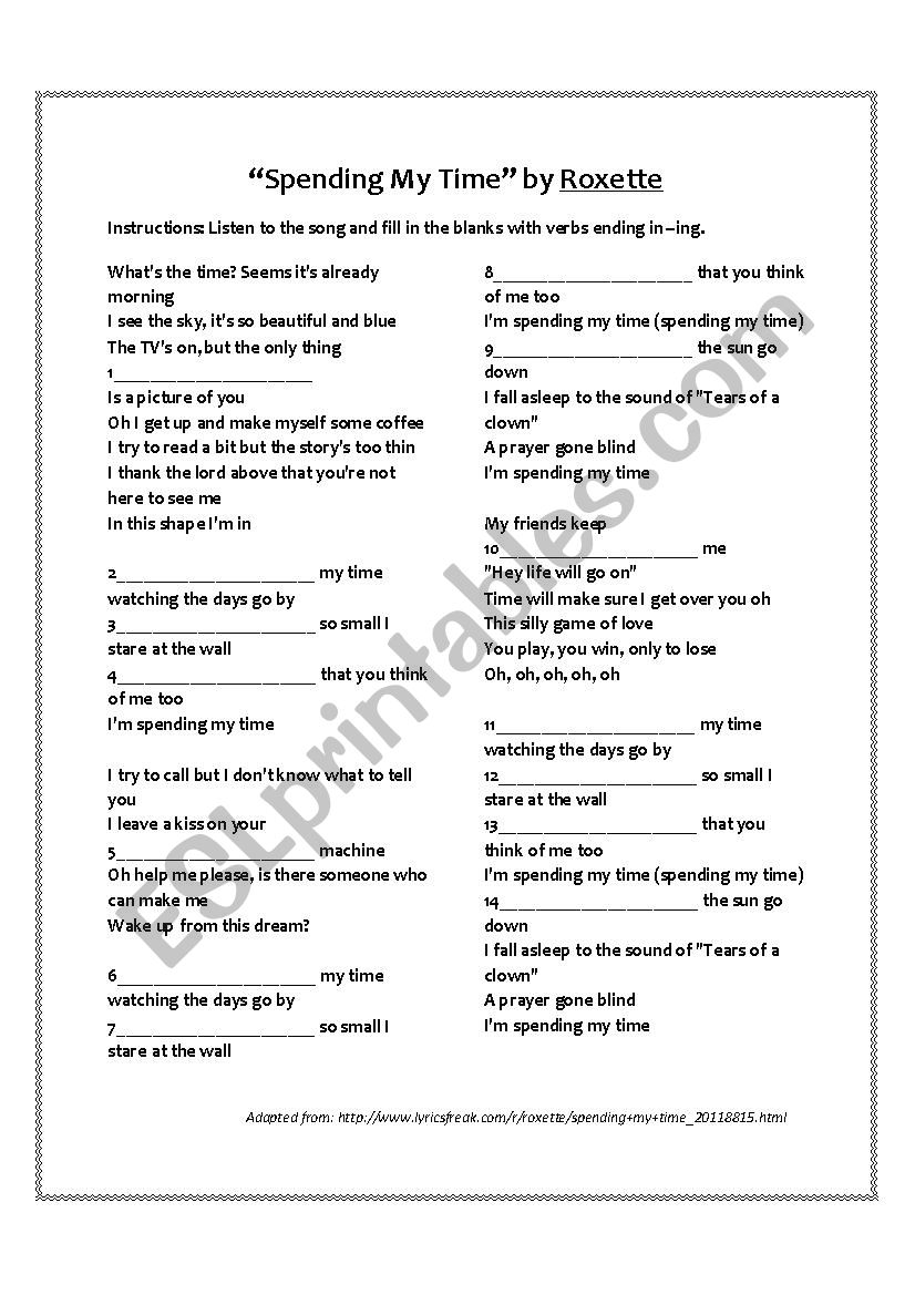 sigging with the -ings  worksheet