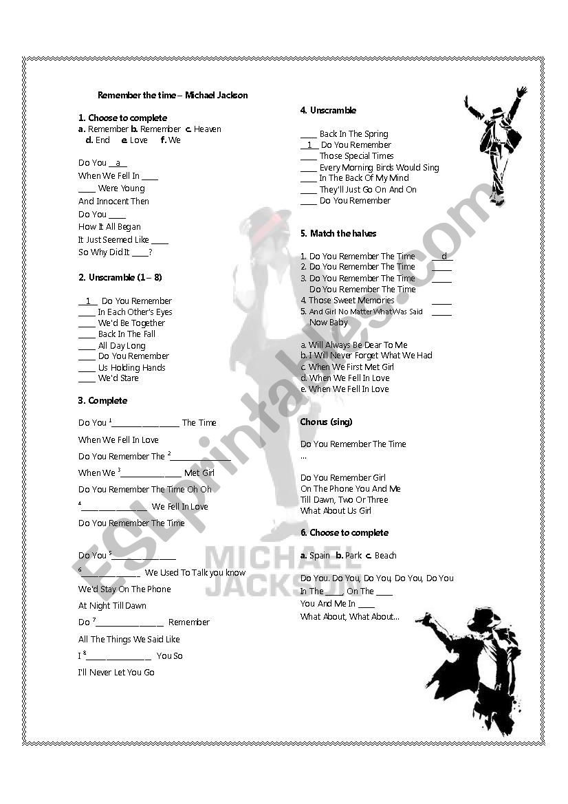 Michael Jackson Song Activity worksheet