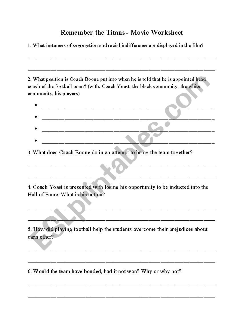 Remember the Titans worksheet