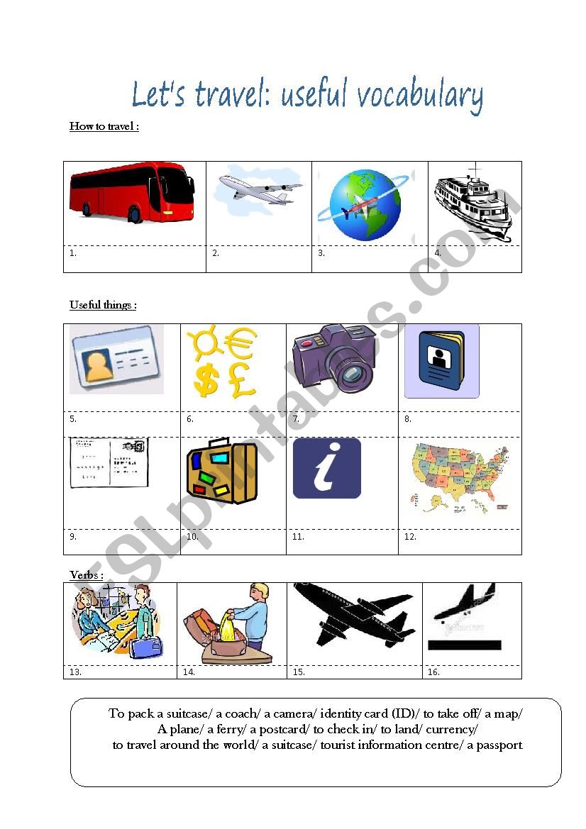 Travel: useful vocabulary worksheet