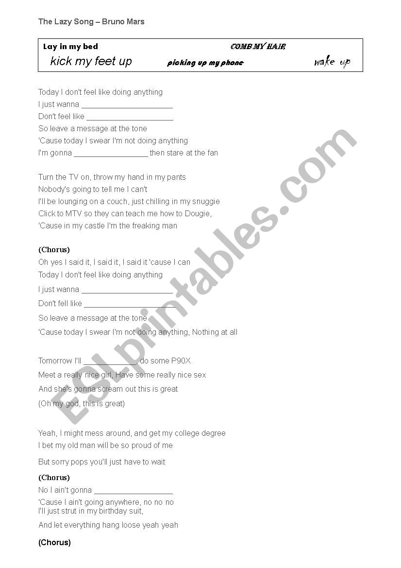 The Lazy Song - Bruno Mars worksheet