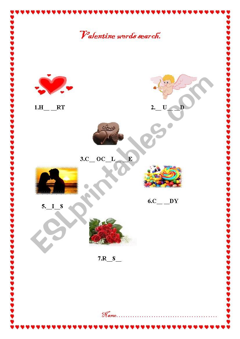 Valentine words search worksheet